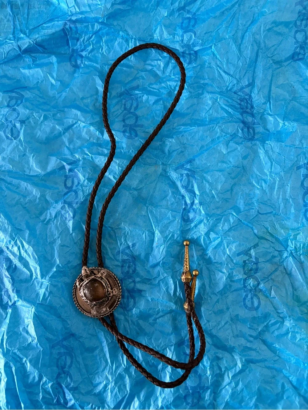 Men's Brown Braided Leather Bolo Tie with Silver-Tone Turtle Concho